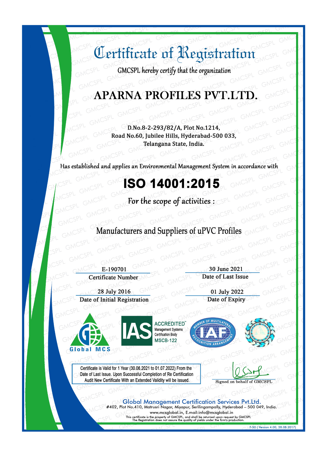 Certificate - Aparna Profile Certified by  Global MCS, IAS & IAF