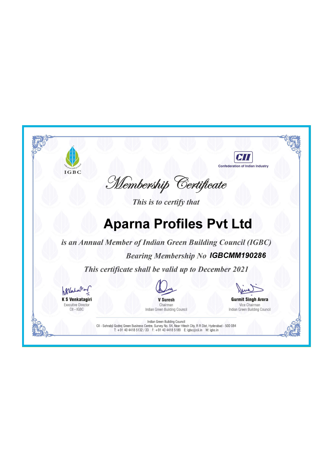 Certificate - Aparna profile Certified by  Indian Green Building  Counsil