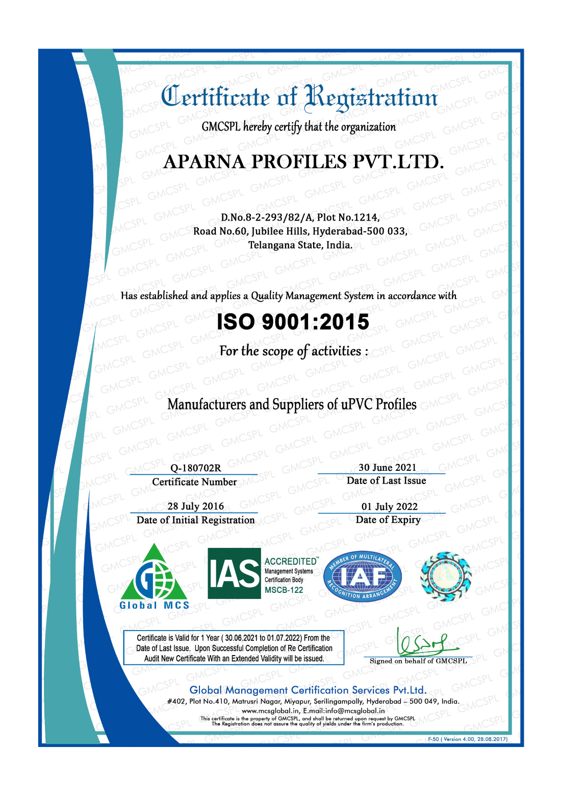 Certificate - Aparna Profile Certified by  Global MCS, IAS & IAF 