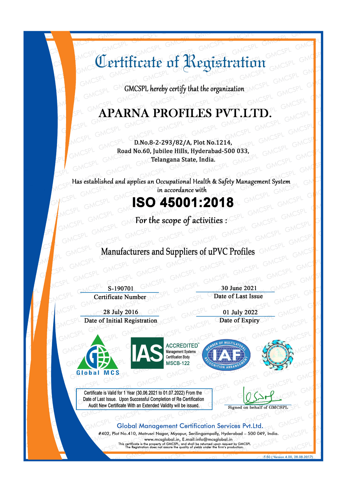 Certificate - Aparna Profile Certified by  Global MCS, IAS & IAF 