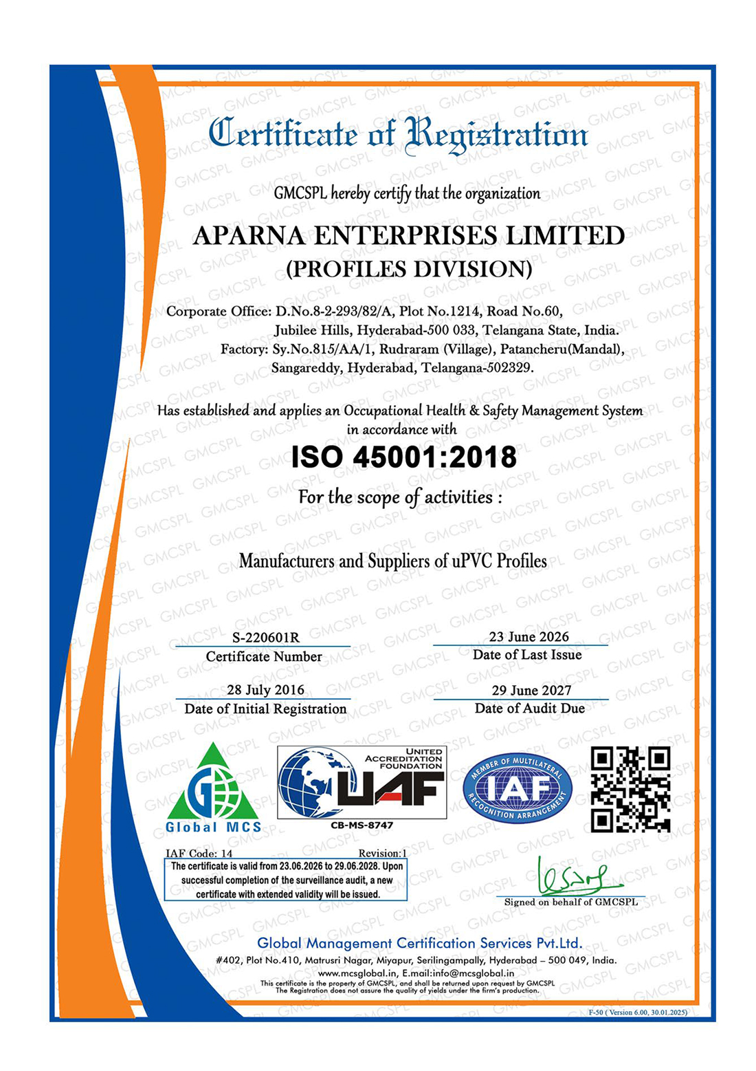 ISO 45001:2018 certificate for Aparna Enterprises Limited