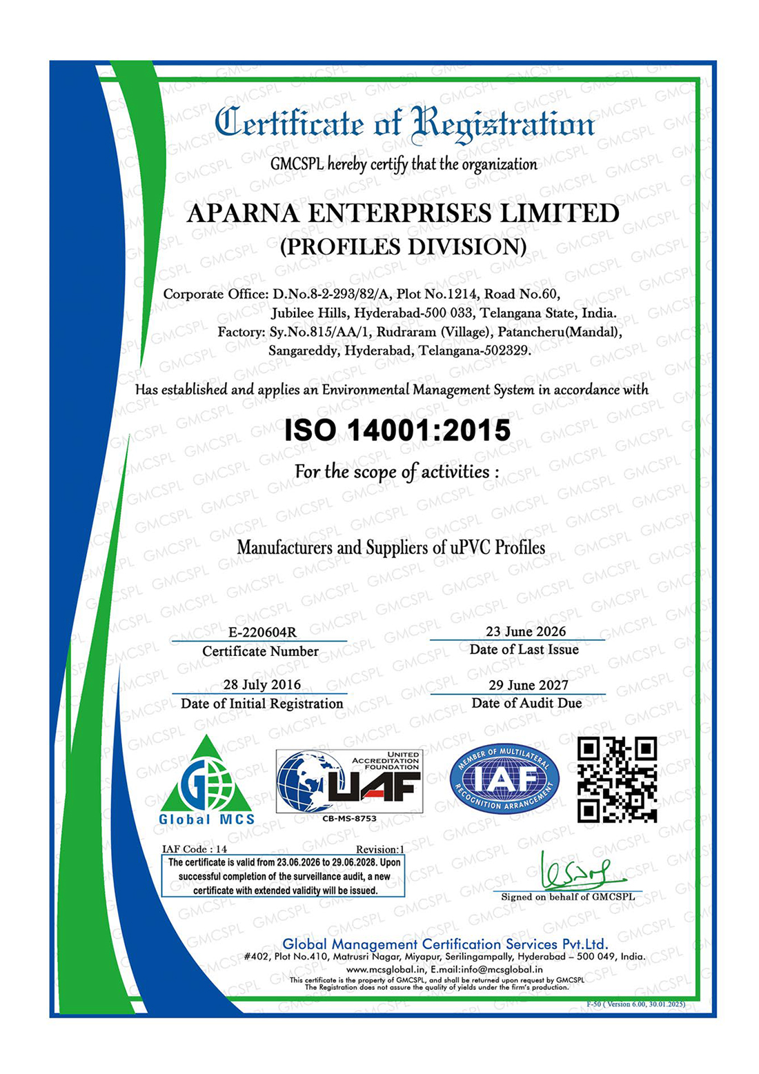 ISO 14001:2015 certificate for Aparna Enterprises Limited