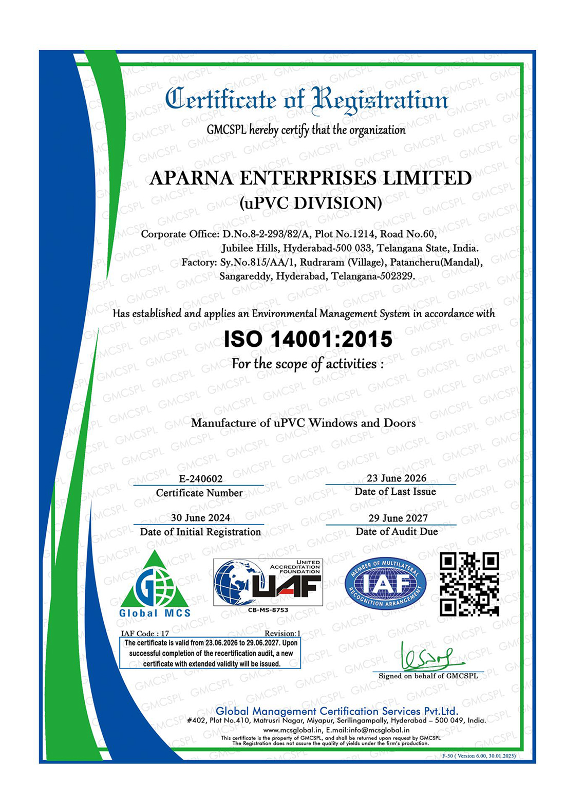 ISO 14001:2015 certificate for Aparna Enterprises Limited uPVC Division