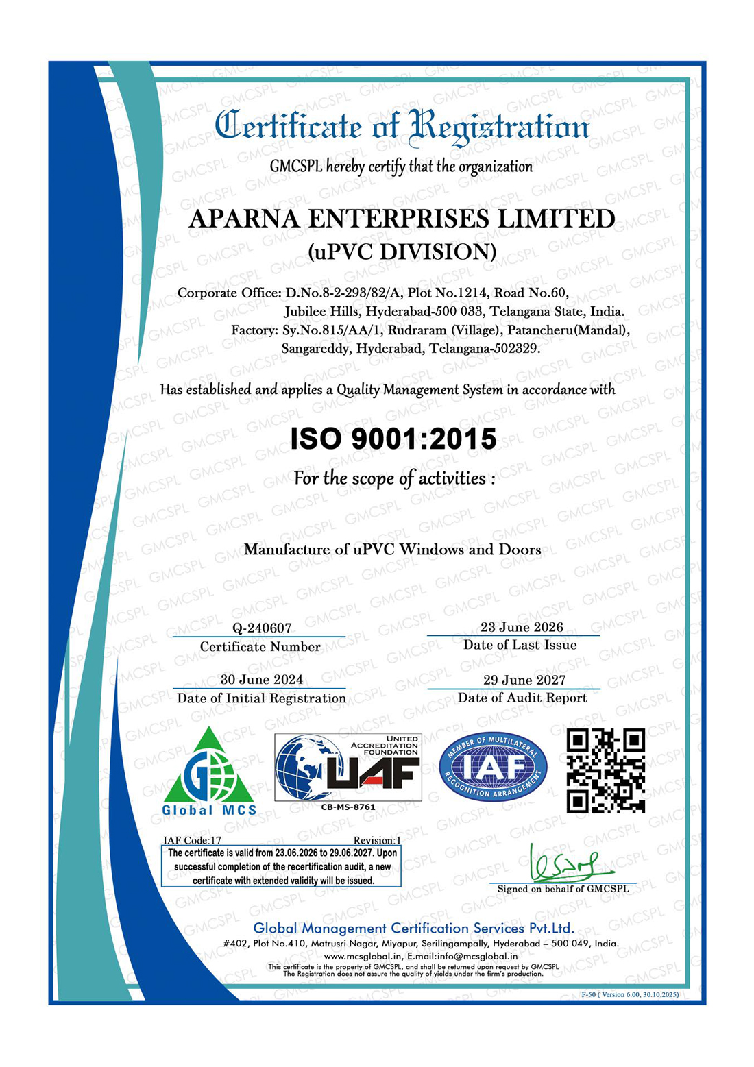 ISO 14001:2015 certificate for Aparna Enterprises Limited uPVC Division