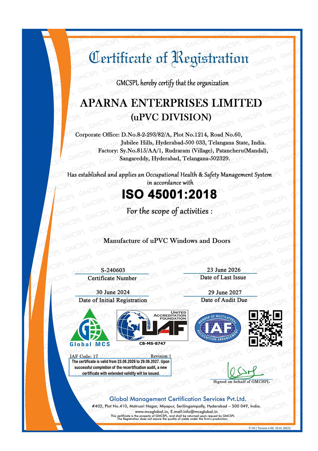 ISO 9001:2015 certificate for Aparna Enterprises Limited uPVC Division